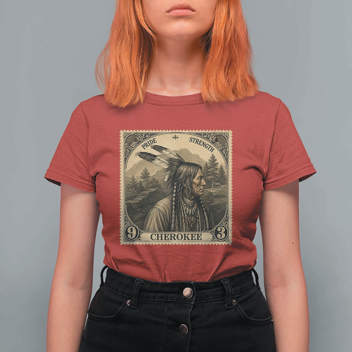 Cherokee Pride Strength T Shirt For Women Native American Vintage Postage Stamp Graphic