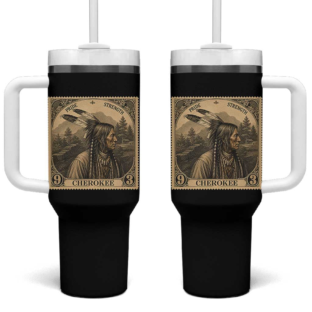 Cherokee Pride Strength Tumbler With Handle Native American Vintage Postage Stamp Graphic