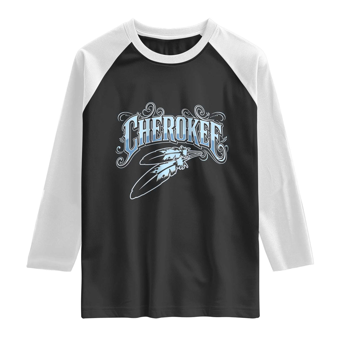 Cherokee Native American Heritage Raglan Shirt Blue Feather Filigree Typography