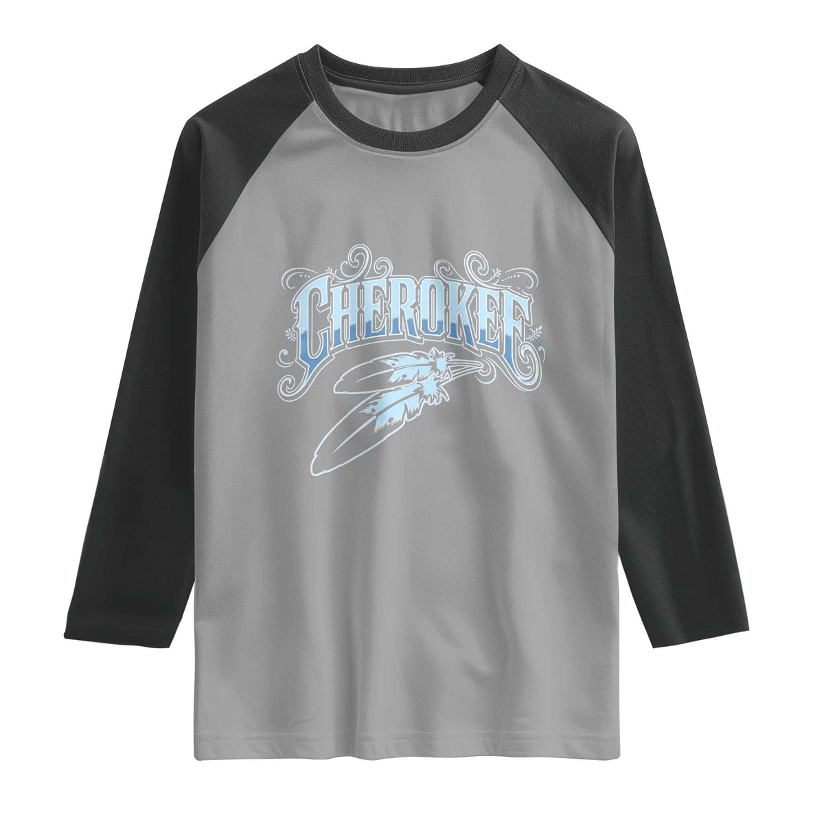 Cherokee Native American Heritage Raglan Shirt Blue Feather Filigree Typography