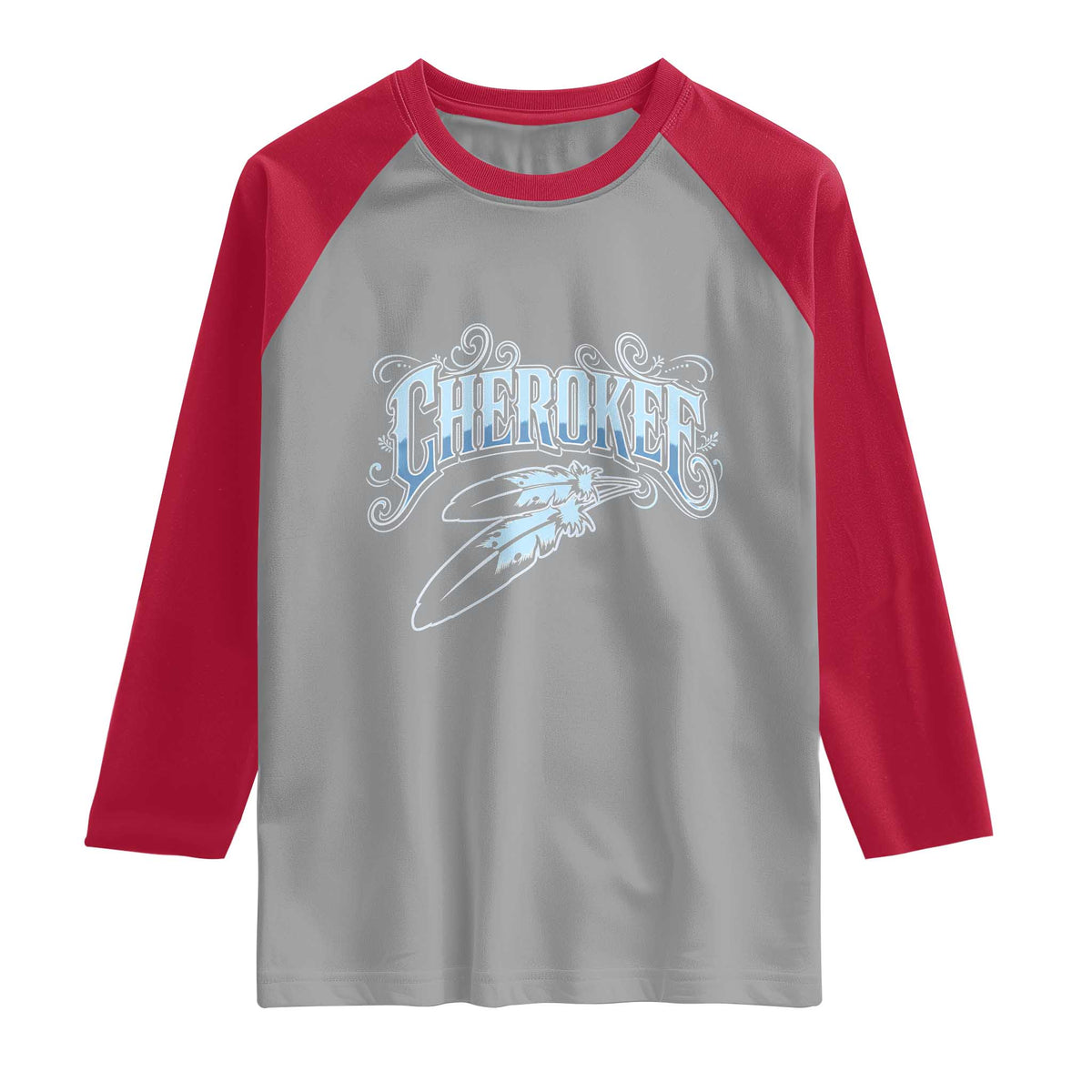 Cherokee Native American Heritage Raglan Shirt Blue Feather Filigree Typography