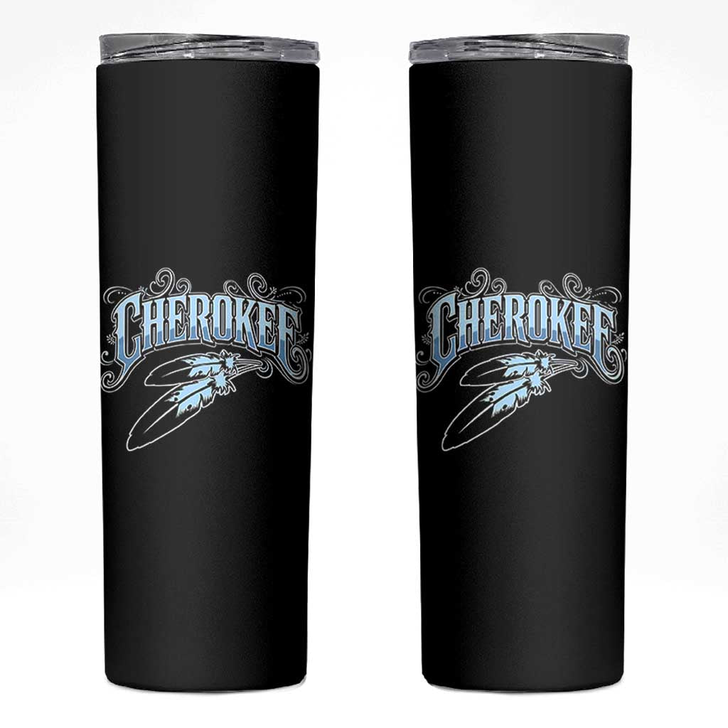 Cherokee Native American Heritage Skinny Tumbler Blue Feather Filigree Typography
