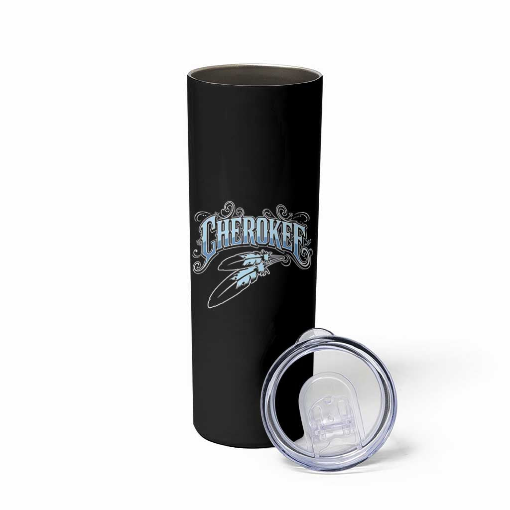 Cherokee Native American Heritage Skinny Tumbler Blue Feather Filigree Typography