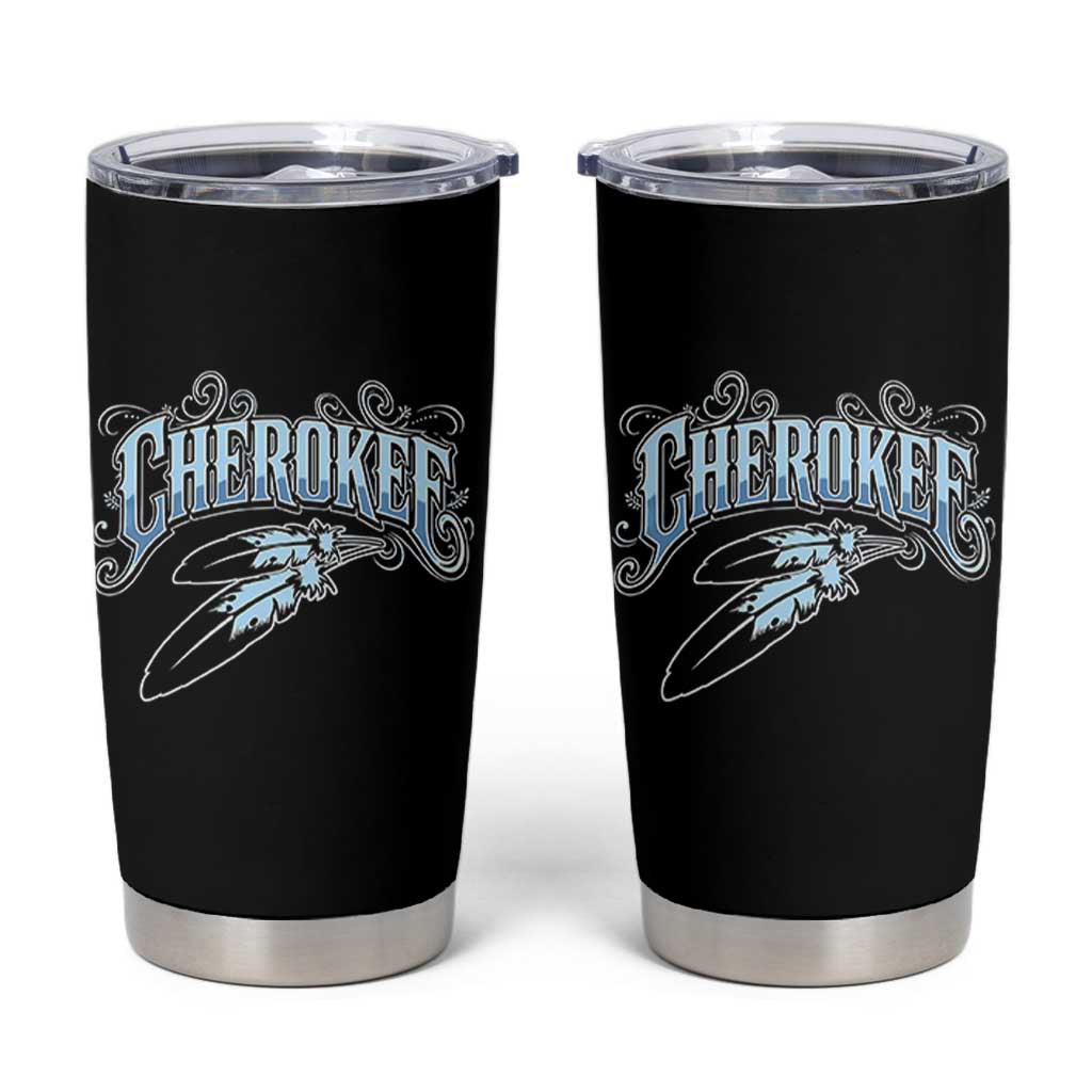 Cherokee Native American Heritage Tumbler Cup Blue Feather Filigree Typography