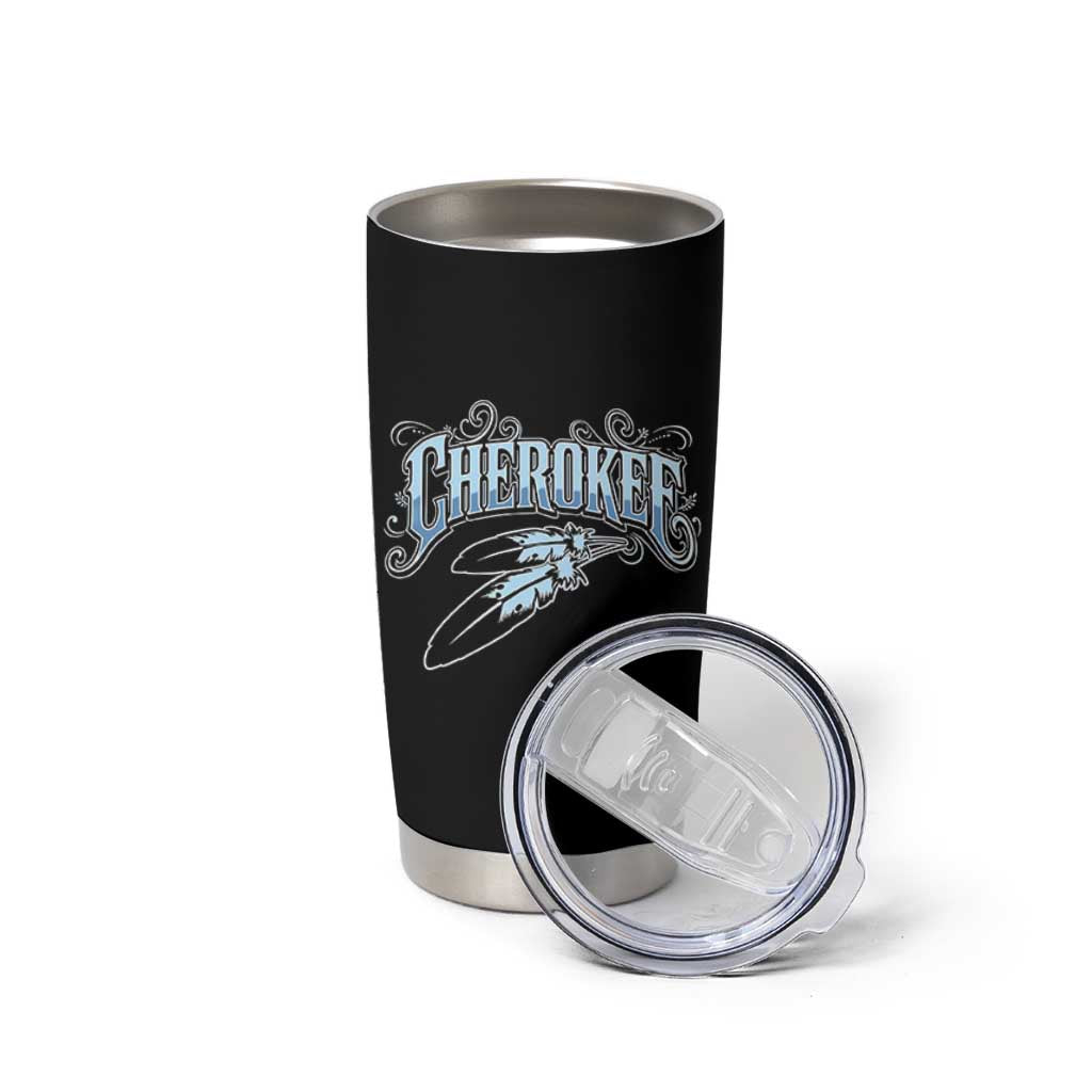 Cherokee Native American Heritage Tumbler Cup Blue Feather Filigree Typography