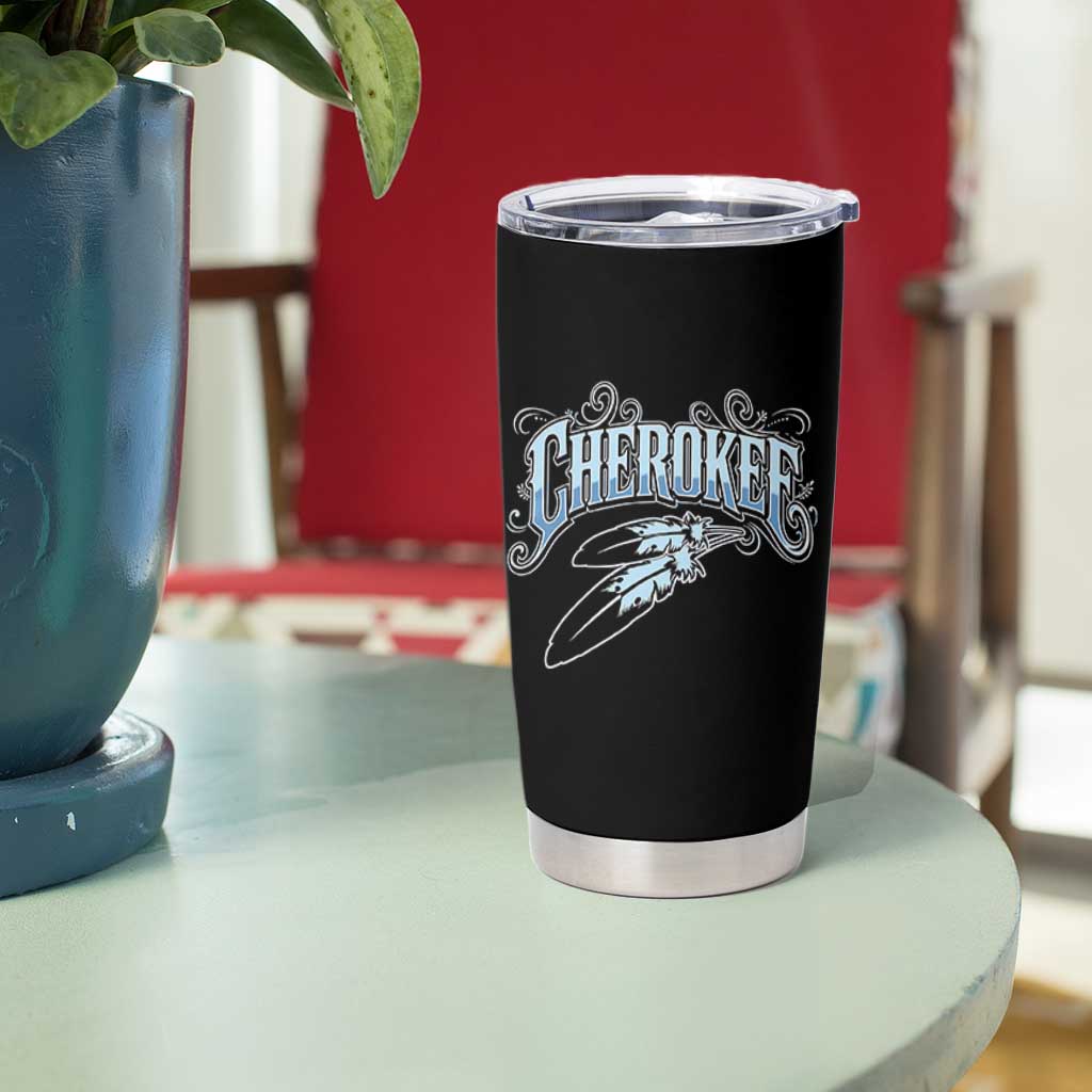 Cherokee Native American Heritage Tumbler Cup Blue Feather Filigree Typography