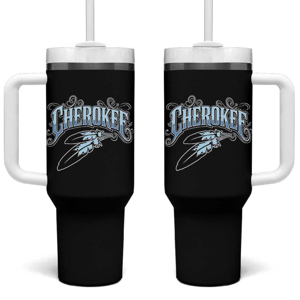 Cherokee Native American Heritage Tumbler With Handle Blue Feather Filigree Typography