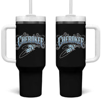Cherokee Native American Heritage Tumbler With Handle Blue Feather Filigree Typography