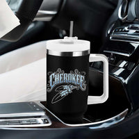 Cherokee Native American Heritage Tumbler With Handle Blue Feather Filigree Typography
