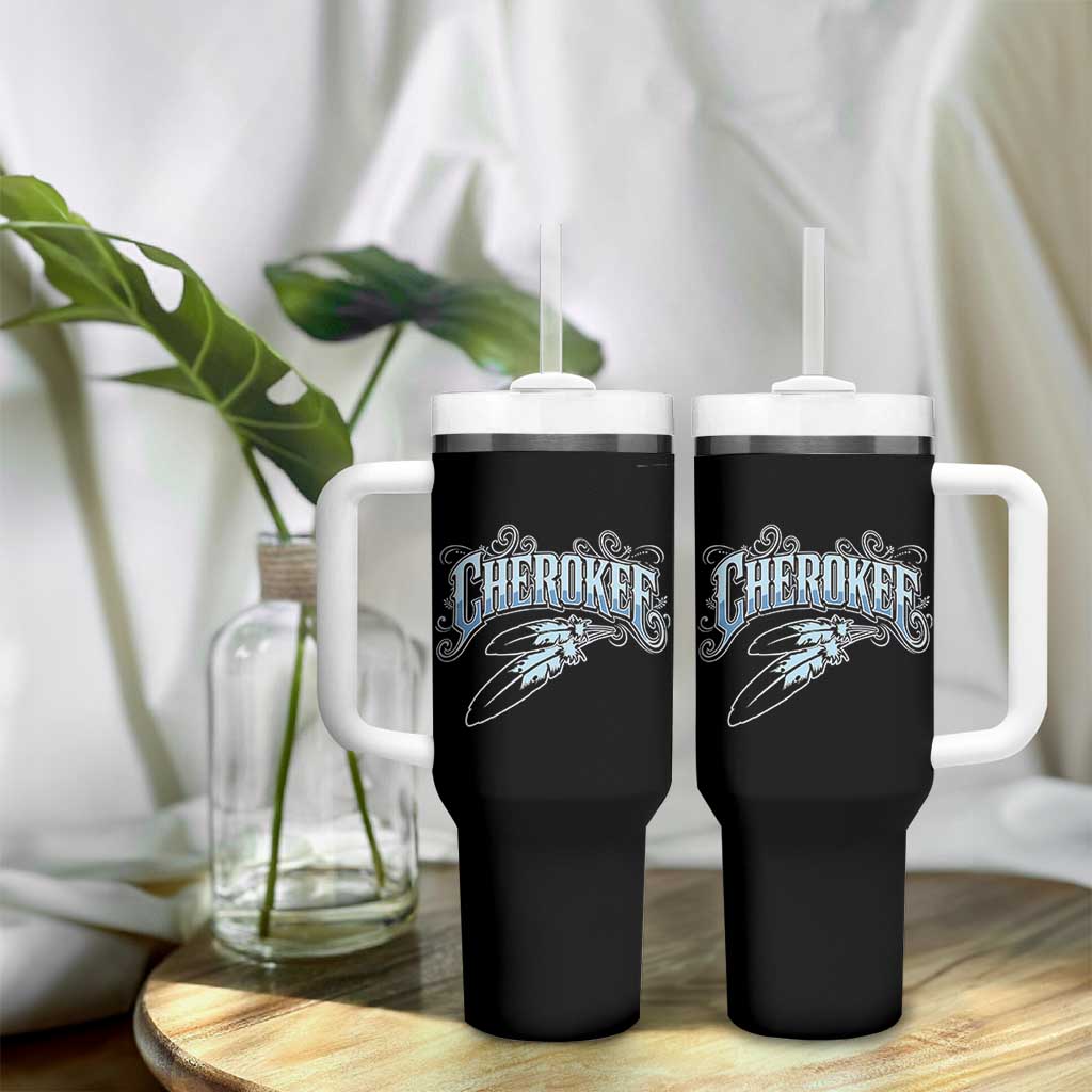Cherokee Native American Heritage Tumbler With Handle Blue Feather Filigree Typography