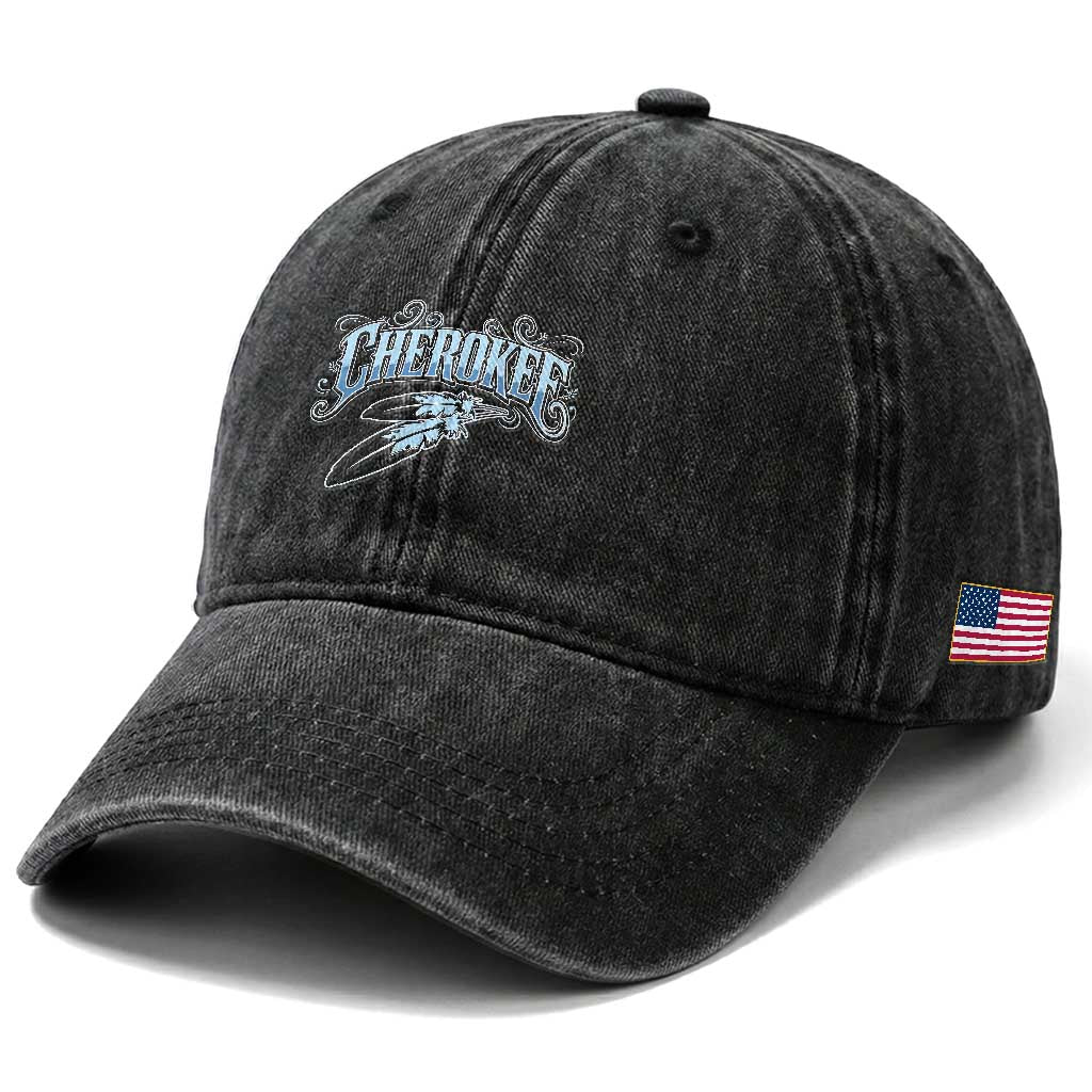 Cherokee Native American Heritage Washed Cotton Baseball Cap Blue Feather Filigree Typography