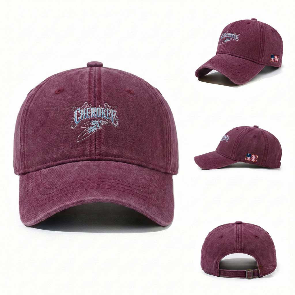 Cherokee Native American Heritage Washed Cotton Baseball Cap Blue Feather Filigree Typography