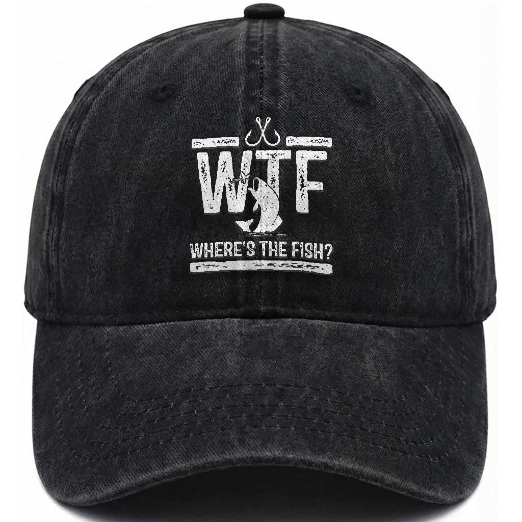 Where Is The Fish Washed Cotton Baseball Cap Funny WTF Fishing Gift