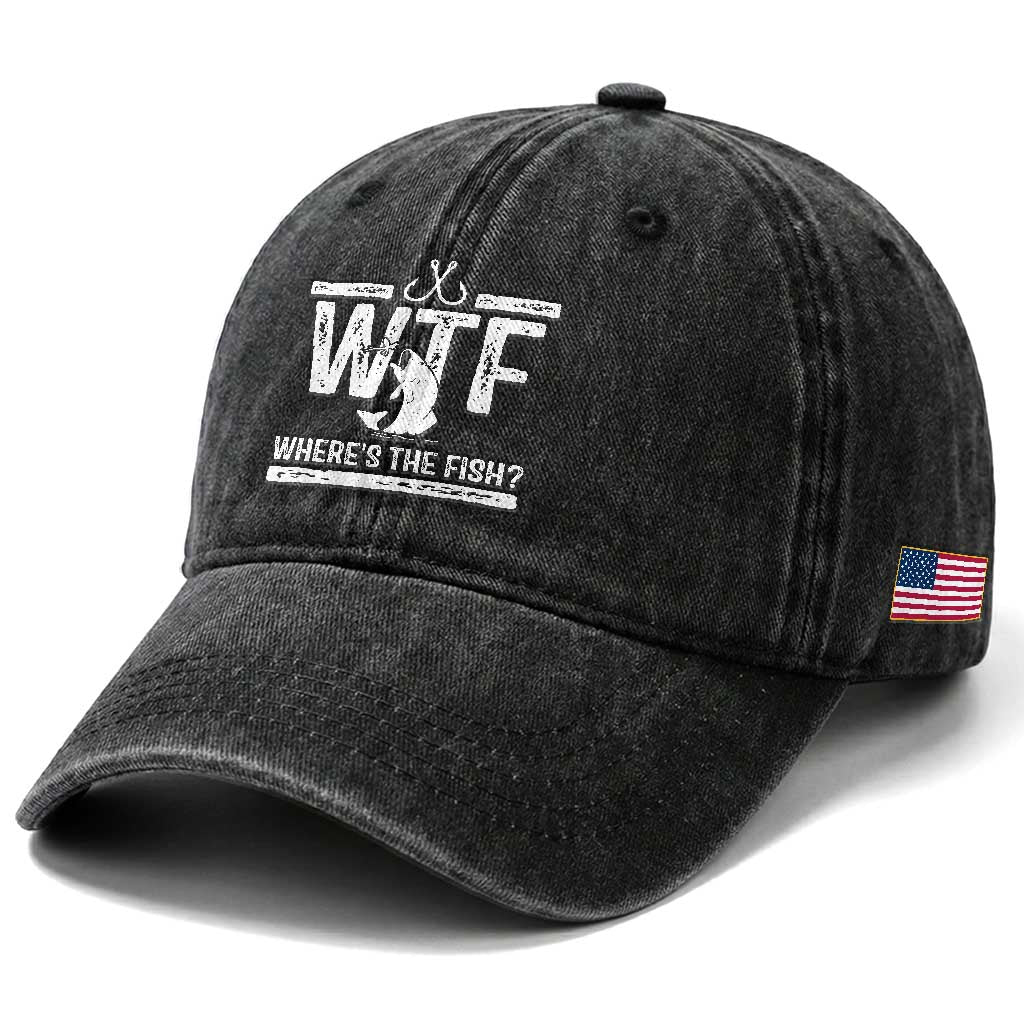 Where Is The Fish Washed Cotton Baseball Cap Funny WTF Fishing Gift