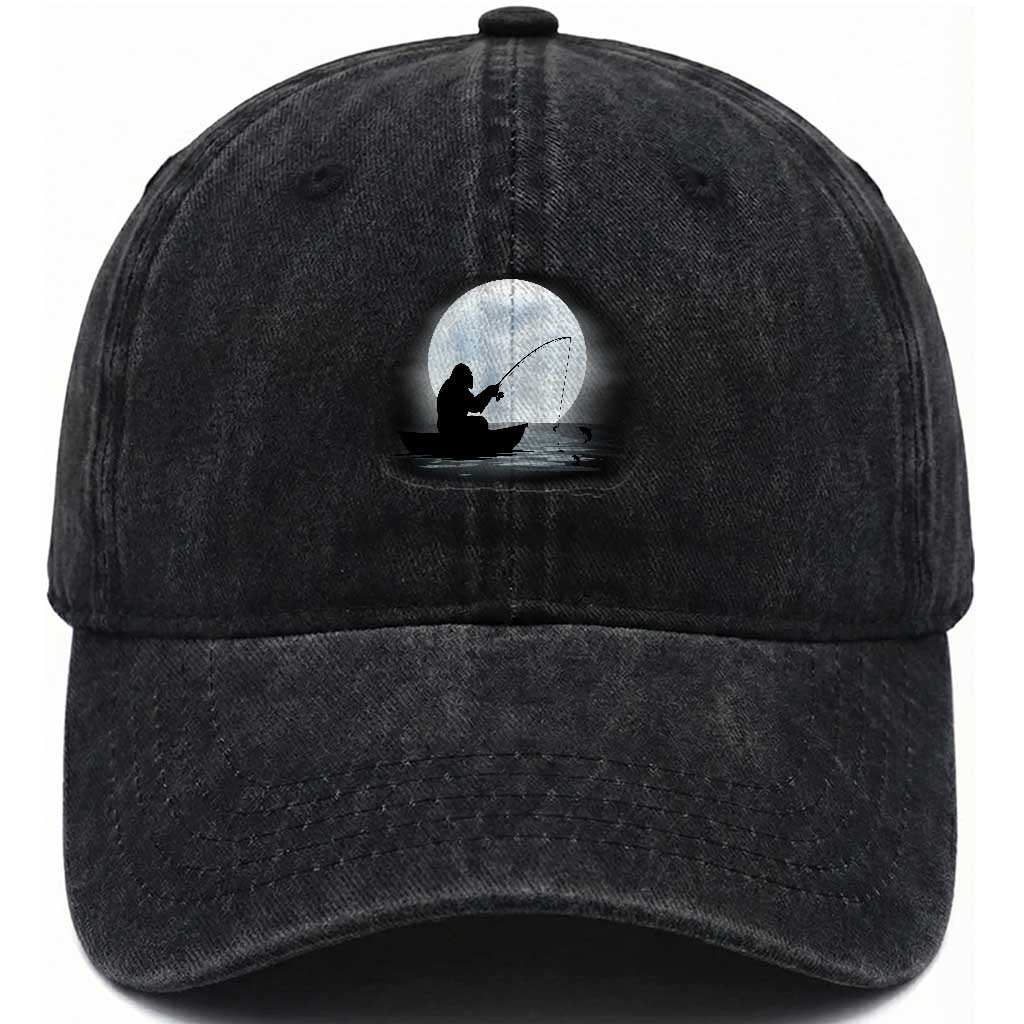 Funny Fisherman Gift Washed Cotton Baseball Cap Bigfoot Fishing