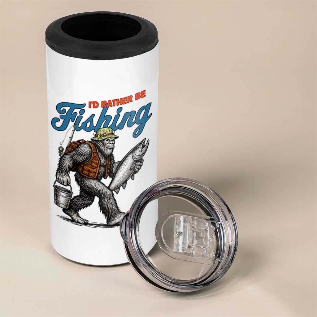 Id Rather Be Fishing 4 in 1 Can Cooler Tumbler Funny Bigfoot Fishing
