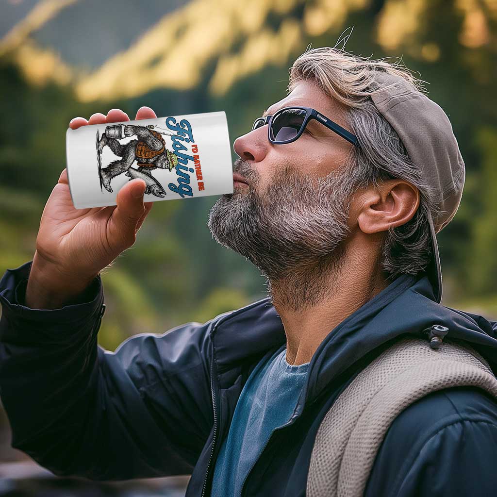 Id Rather Be Fishing 4 in 1 Can Cooler Tumbler Funny Bigfoot Fishing