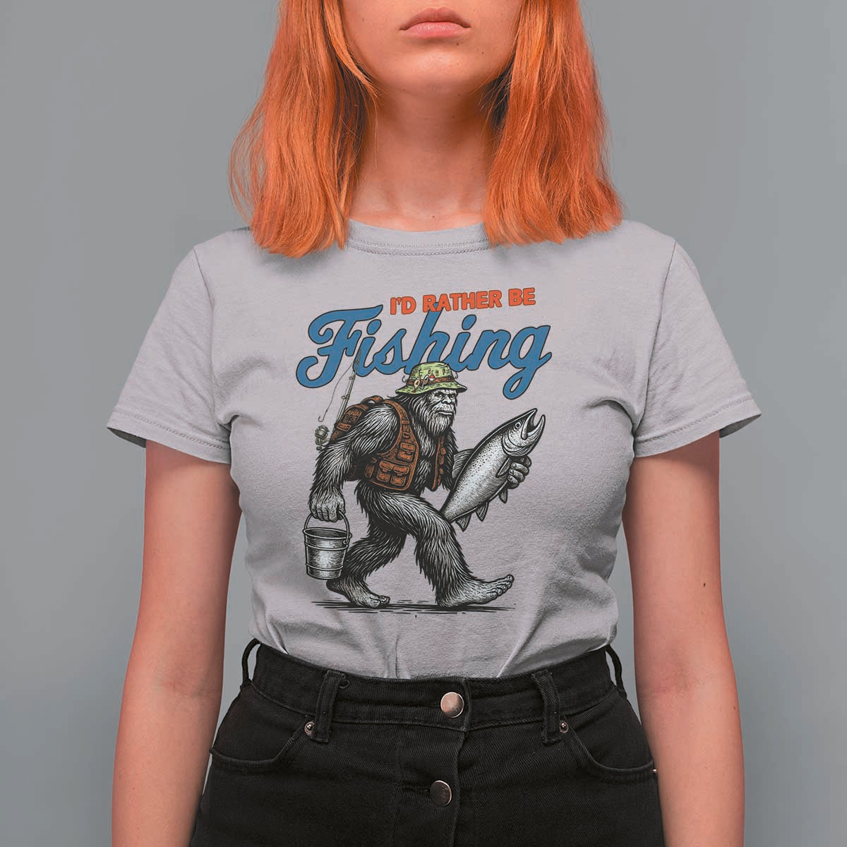 Id Rather Be Fishing T Shirt For Women Funny Bigfoot Fishing - Wonder Print Shop