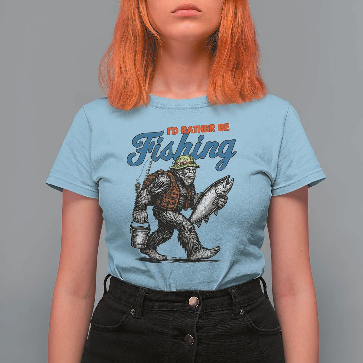 Id Rather Be Fishing T Shirt For Women Funny Bigfoot Fishing - Wonder Print Shop
