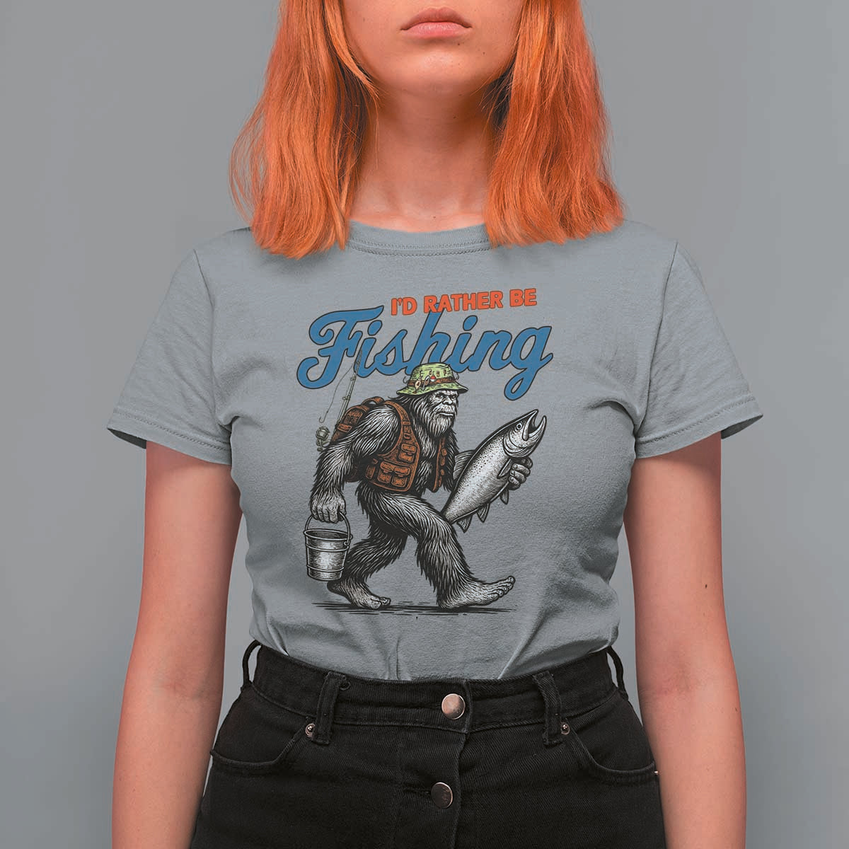 Id Rather Be Fishing T Shirt For Women Funny Bigfoot Fishing - Wonder Print Shop