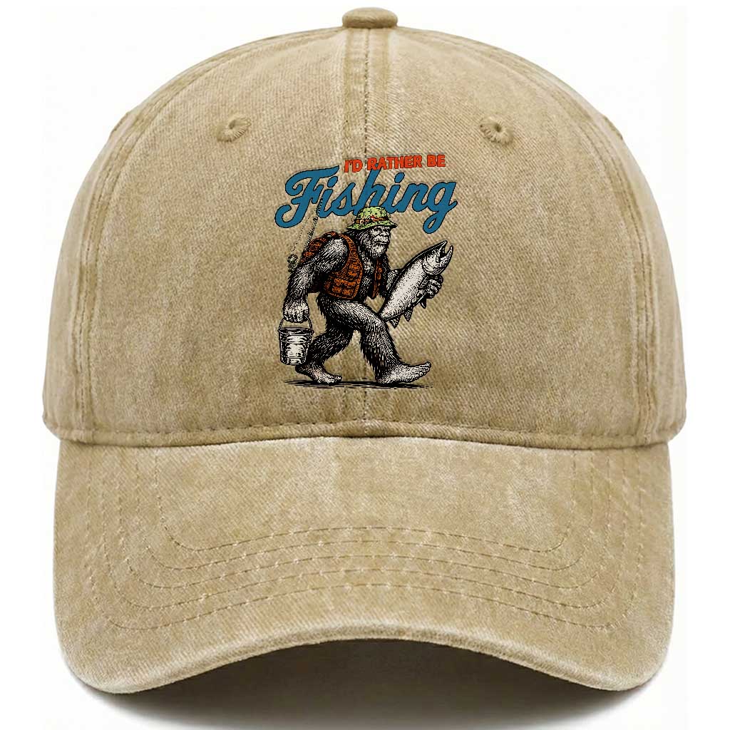 Id Rather Be Fishing Washed Cotton Baseball Cap Funny Bigfoot Fishing