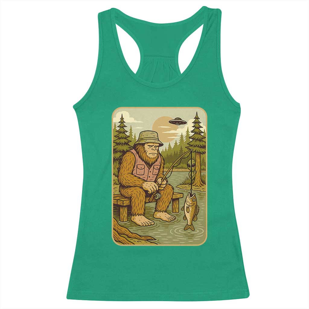 Funny Bigfoot Alien Racerback Tank Top Fishing Lover Gift - Wonder Print Shop
