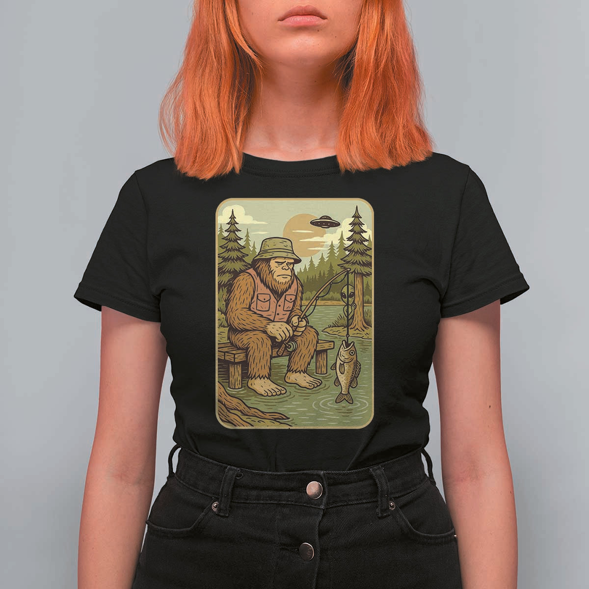 Funny Bigfoot Alien T Shirt For Women Fishing Lover Gift - Wonder Print Shop