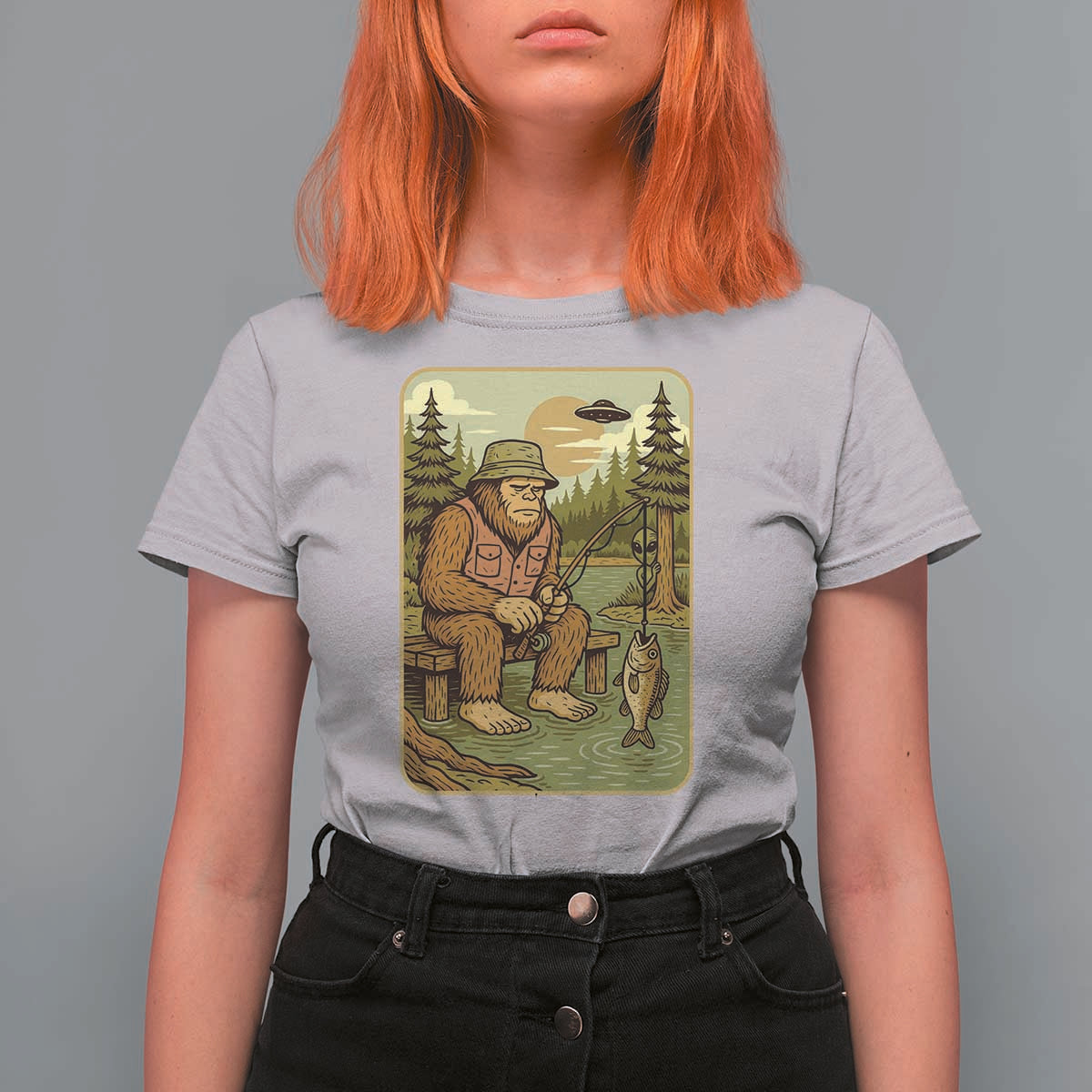 Funny Bigfoot Alien T Shirt For Women Fishing Lover Gift - Wonder Print Shop