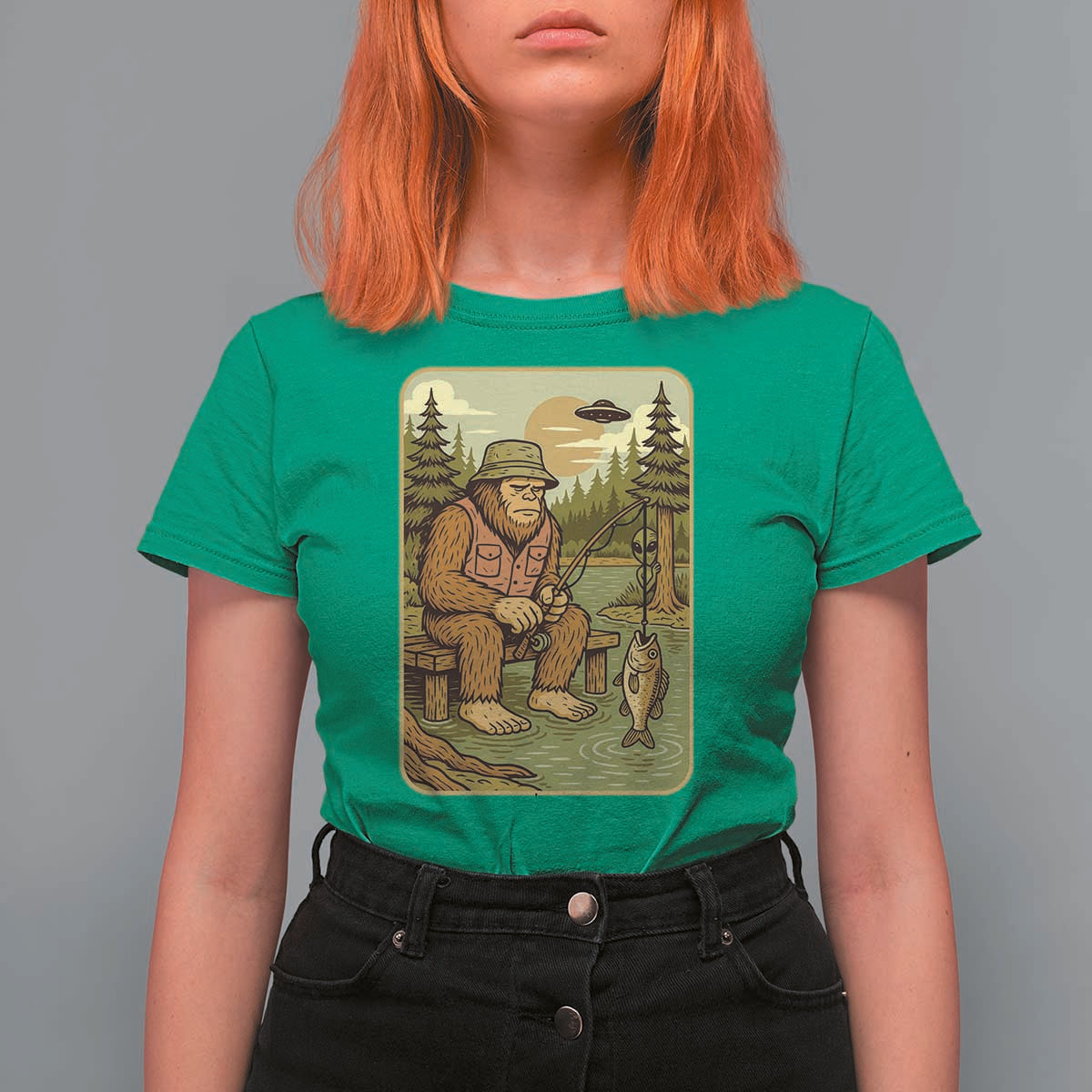 Funny Bigfoot Alien T Shirt For Women Fishing Lover Gift - Wonder Print Shop