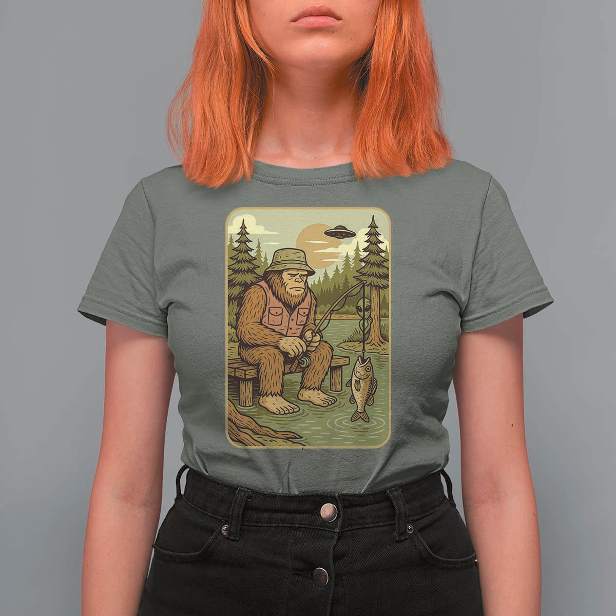 Funny Bigfoot Alien T Shirt For Women Fishing Lover Gift - Wonder Print Shop
