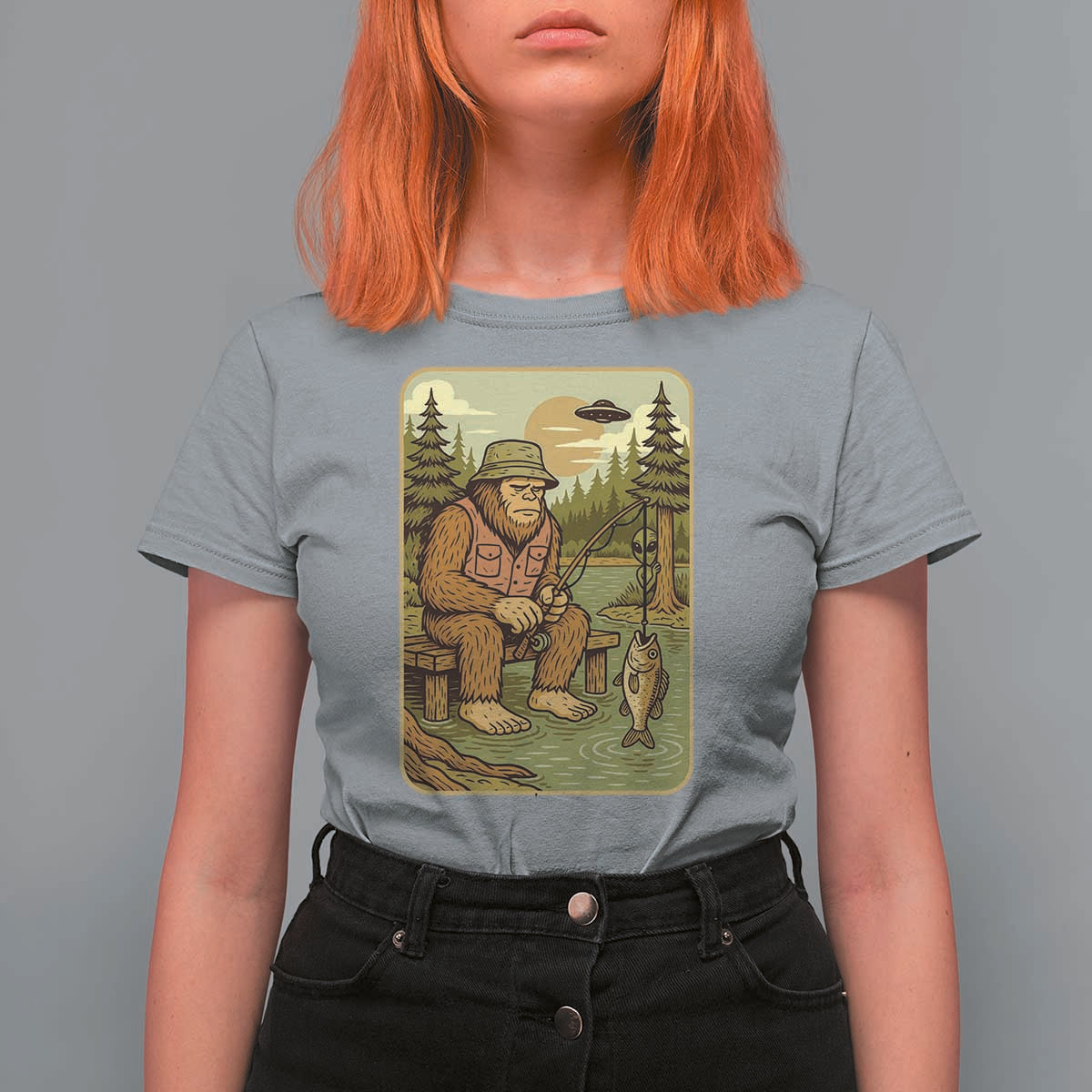 Funny Bigfoot Alien T Shirt For Women Fishing Lover Gift - Wonder Print Shop