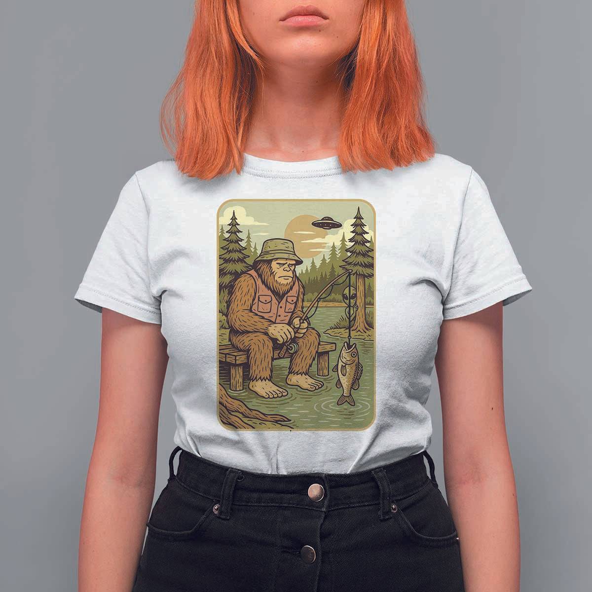 Funny Bigfoot Alien T Shirt For Women Fishing Lover Gift - Wonder Print Shop