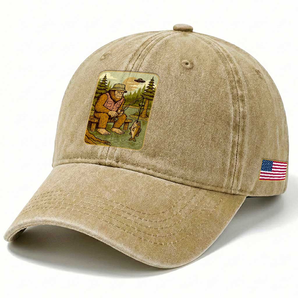 Funny Bigfoot Alien Washed Cotton Baseball Cap Fishing Lover Gift