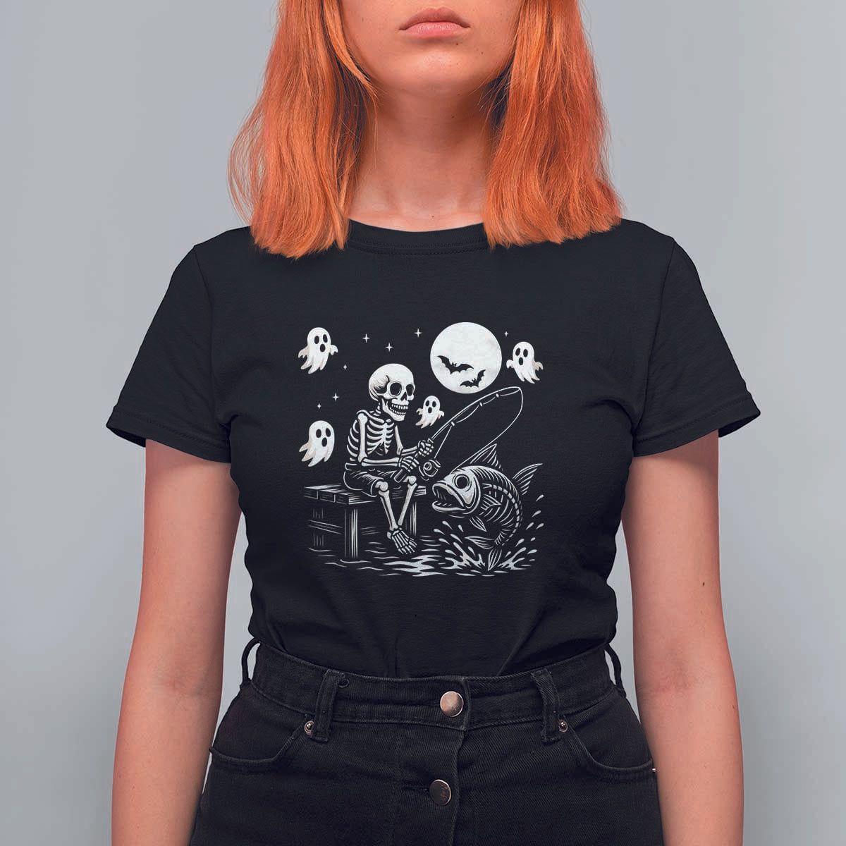 Halloween Skeleton Fishing T Shirt For Women Funny Fisherman Gift - Wonder Print Shop