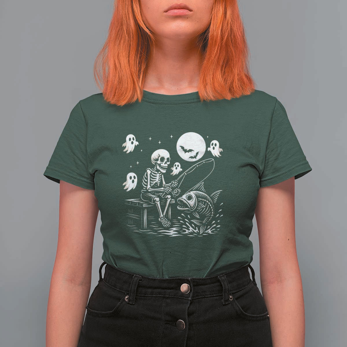 Halloween Skeleton Fishing T Shirt For Women Funny Fisherman Gift - Wonder Print Shop