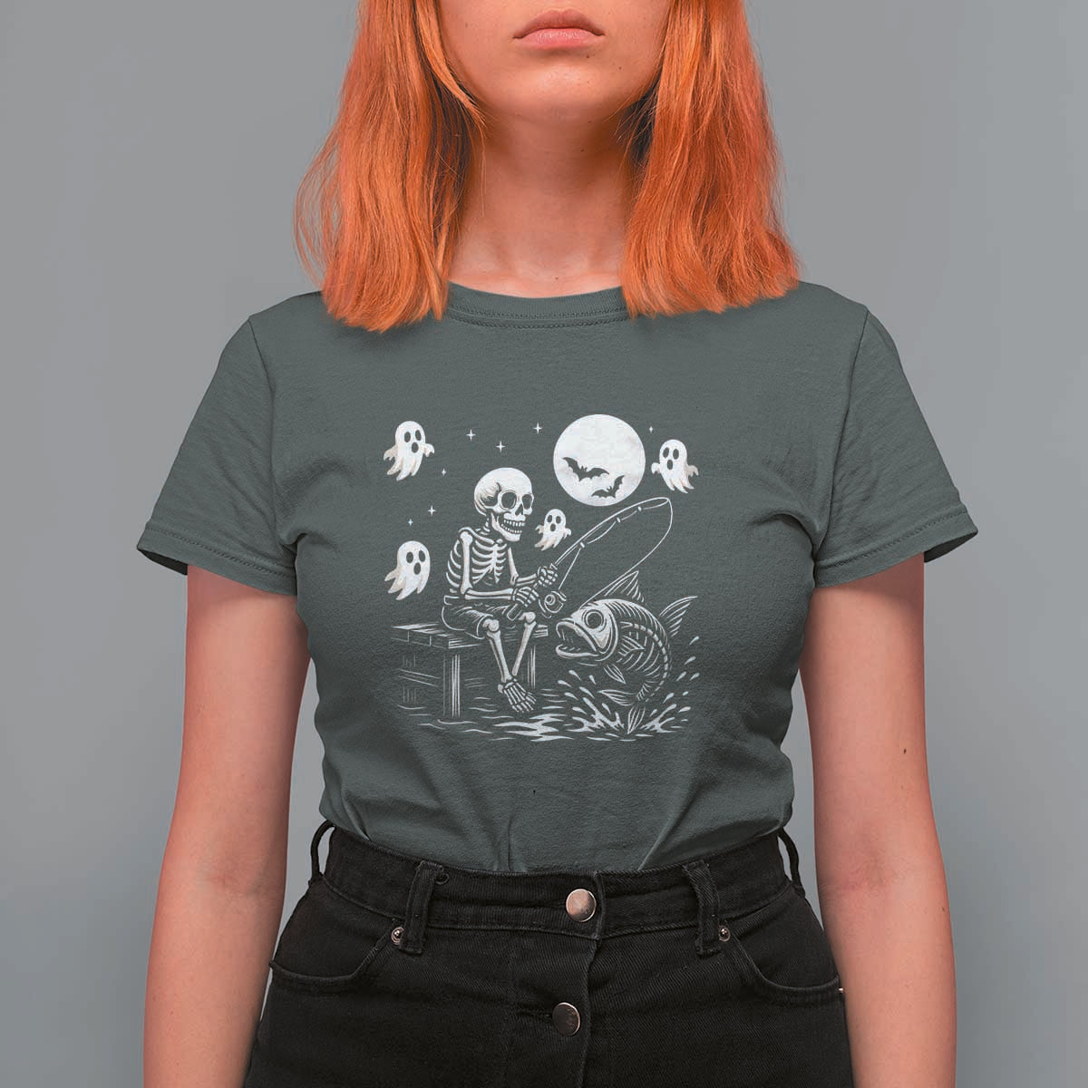 Halloween Skeleton Fishing T Shirt For Women Funny Fisherman Gift - Wonder Print Shop