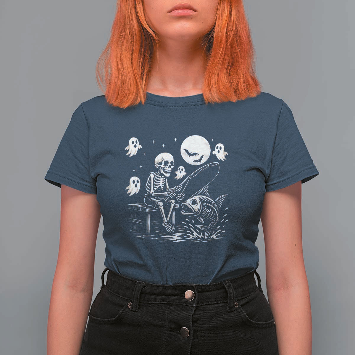 Halloween Skeleton Fishing T Shirt For Women Funny Fisherman Gift - Wonder Print Shop