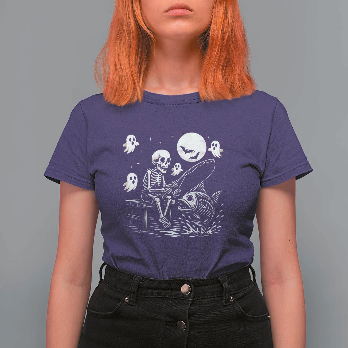 Halloween Skeleton Fishing T Shirt For Women Funny Fisherman Gift - Wonder Print Shop