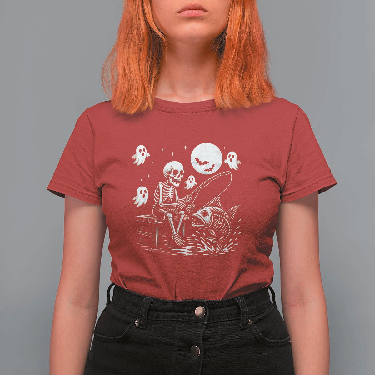Halloween Skeleton Fishing T Shirt For Women Funny Fisherman Gift - Wonder Print Shop