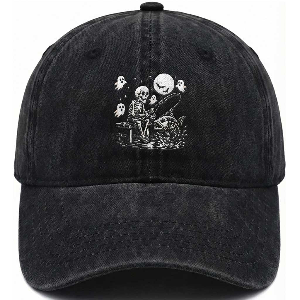 Halloween Skeleton Fishing Washed Cotton Baseball Cap Funny Fisherman Gift