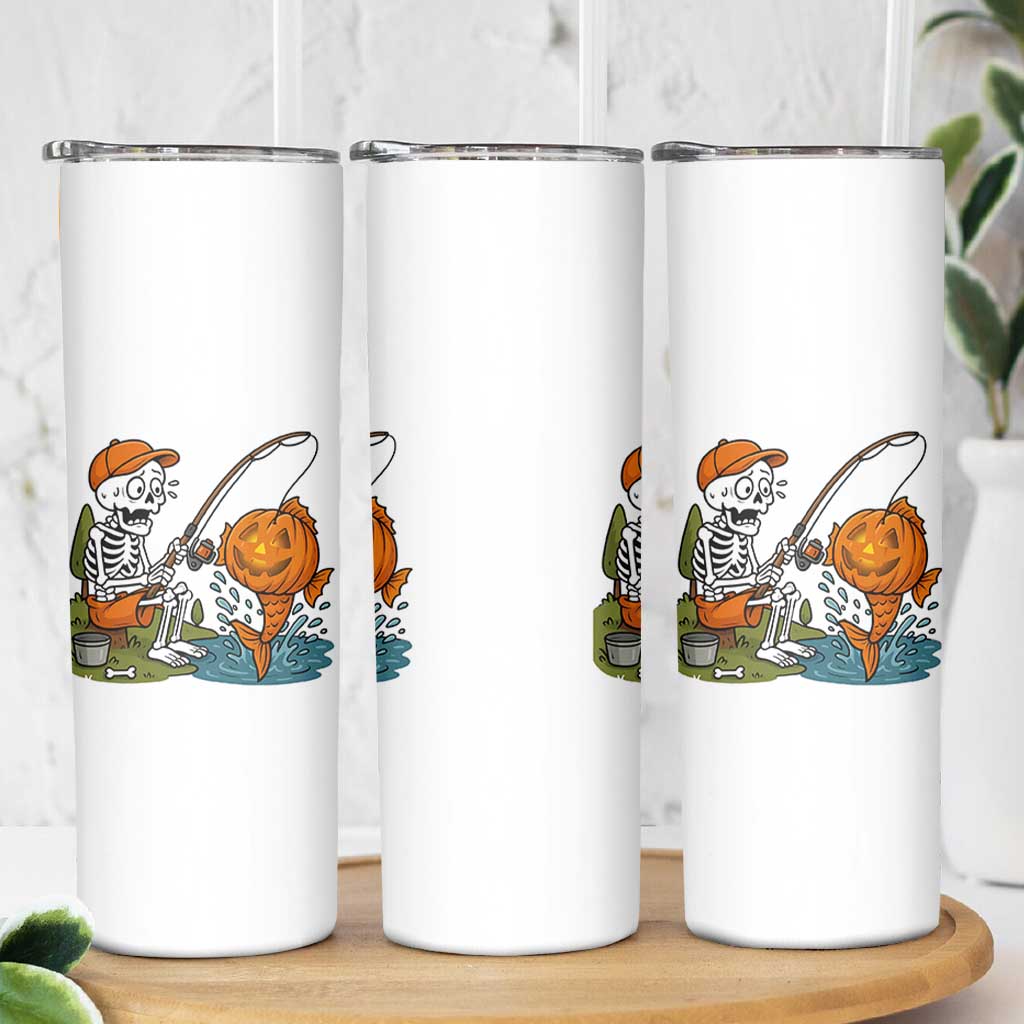 Halloween Fishing Lover Skinny Tumbler Skeleton Humor Gift