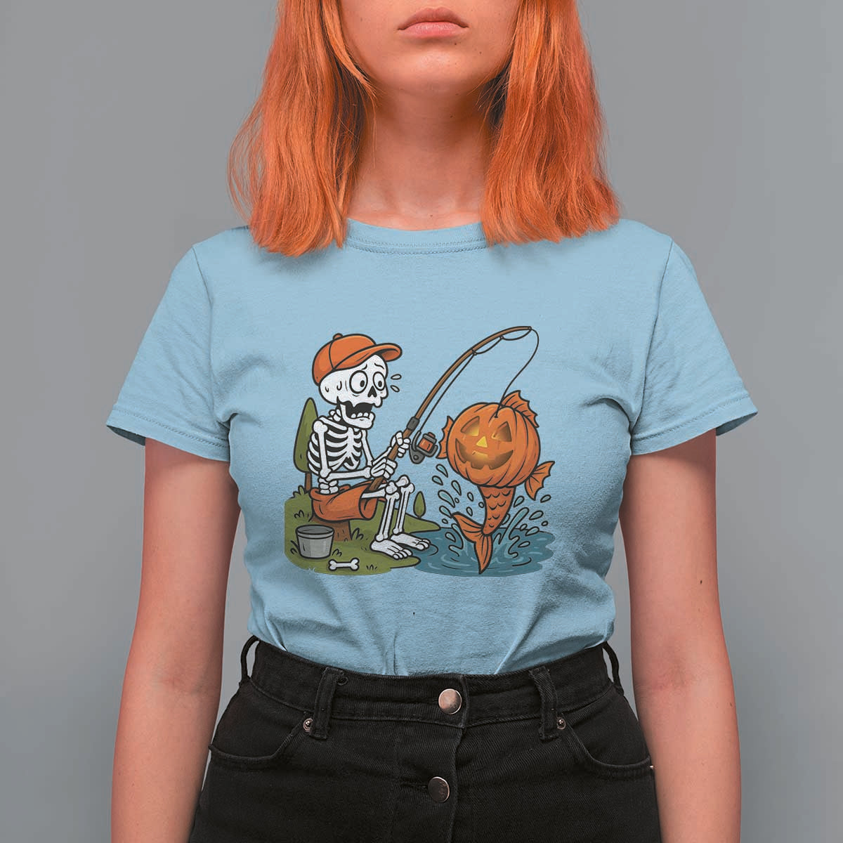 Halloween Fishing Lover T Shirt For Women Skeleton Humor Gift - Wonder Print Shop