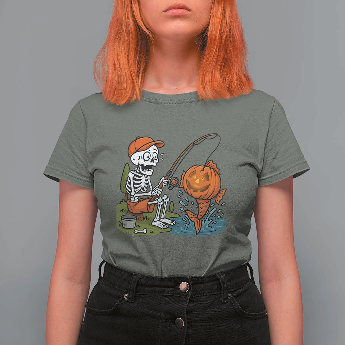 Halloween Fishing Lover T Shirt For Women Skeleton Humor Gift - Wonder Print Shop