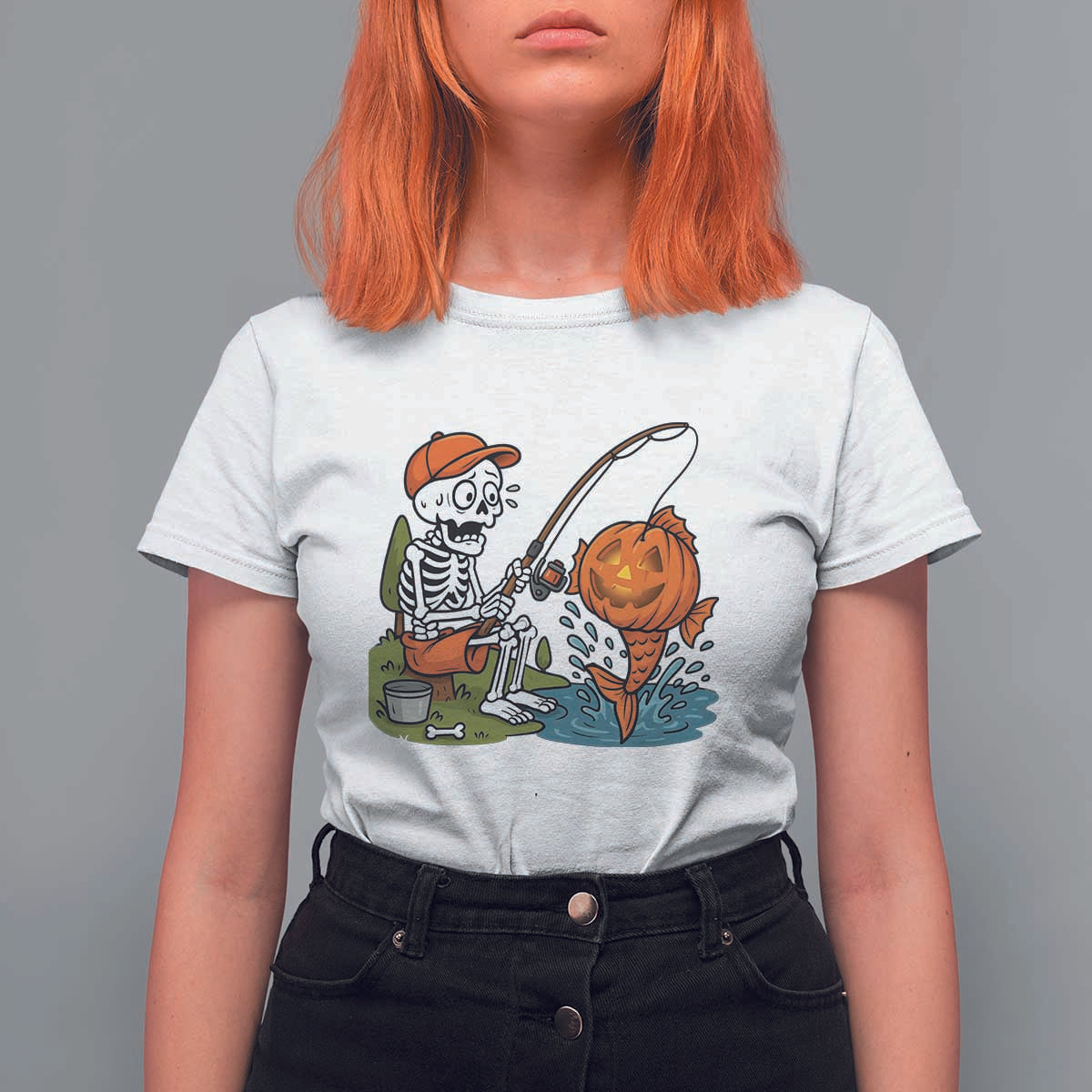 Halloween Fishing Lover T Shirt For Women Skeleton Humor Gift - Wonder Print Shop