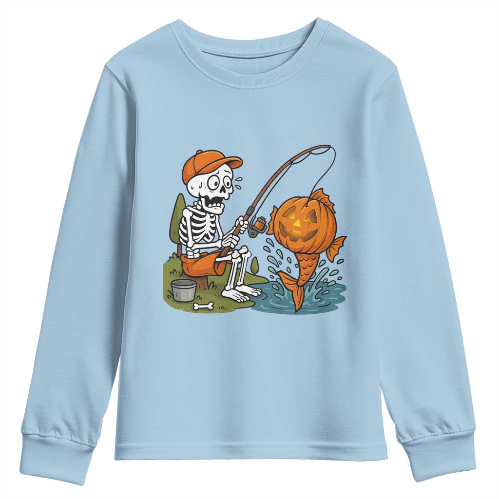 Halloween Fishing Lover Youth Sweatshirt Skeleton Humor Gift - Wonder Print Shop