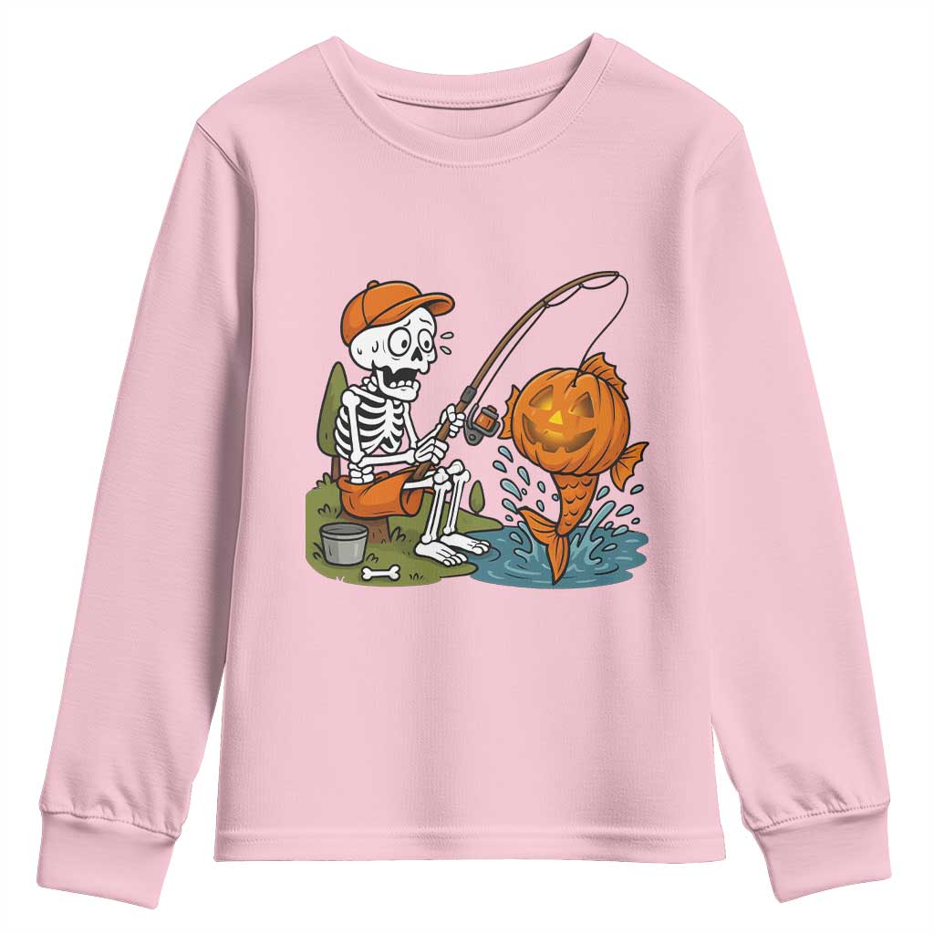 Halloween Fishing Lover Youth Sweatshirt Skeleton Humor Gift - Wonder Print Shop