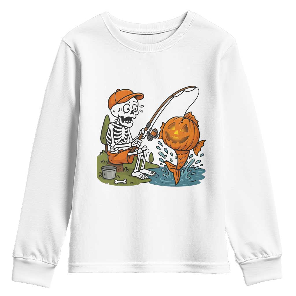 Halloween Fishing Lover Youth Sweatshirt Skeleton Humor Gift - Wonder Print Shop