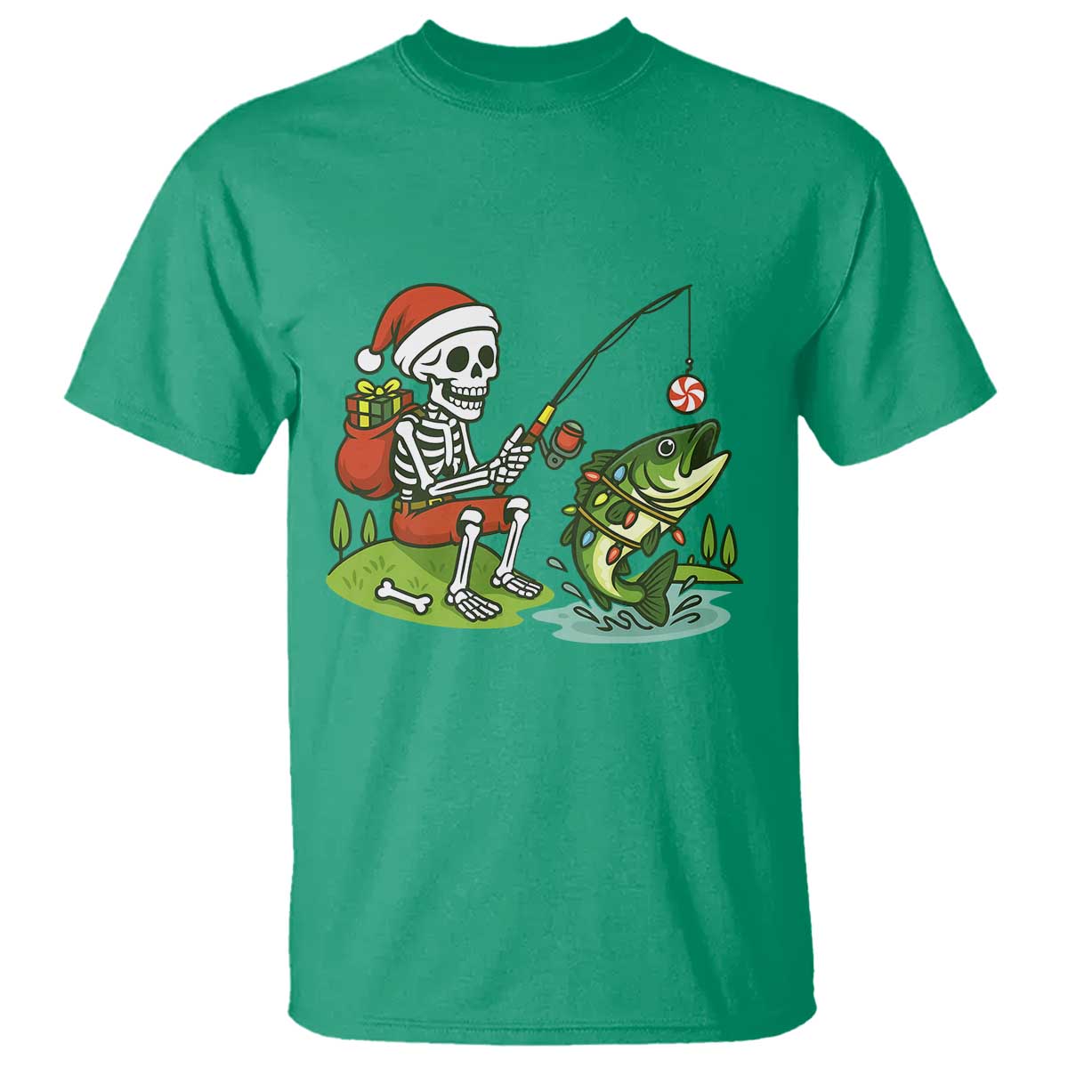 Christmas Skeleton Fishing T Shirt Funny Holiday Gift - Wonder Print Shop