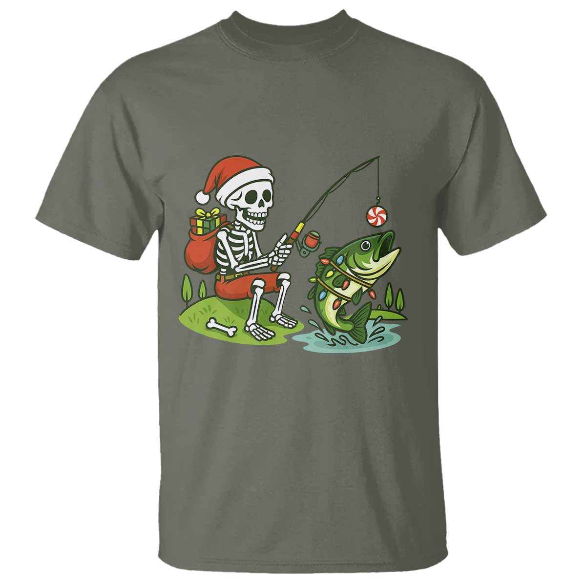 Christmas Skeleton Fishing T Shirt Funny Holiday Gift - Wonder Print Shop
