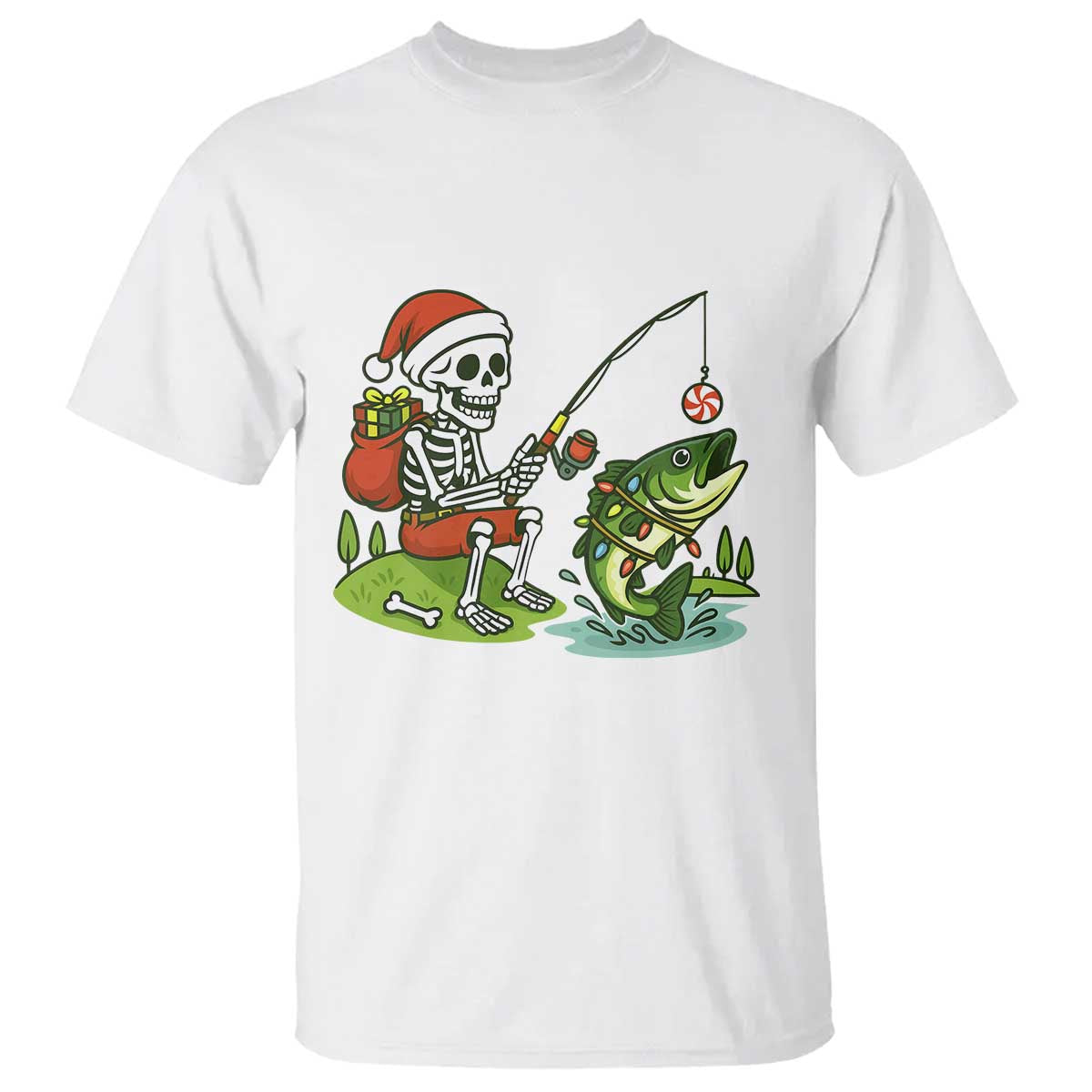 Christmas Skeleton Fishing T Shirt Funny Holiday Gift - Wonder Print Shop